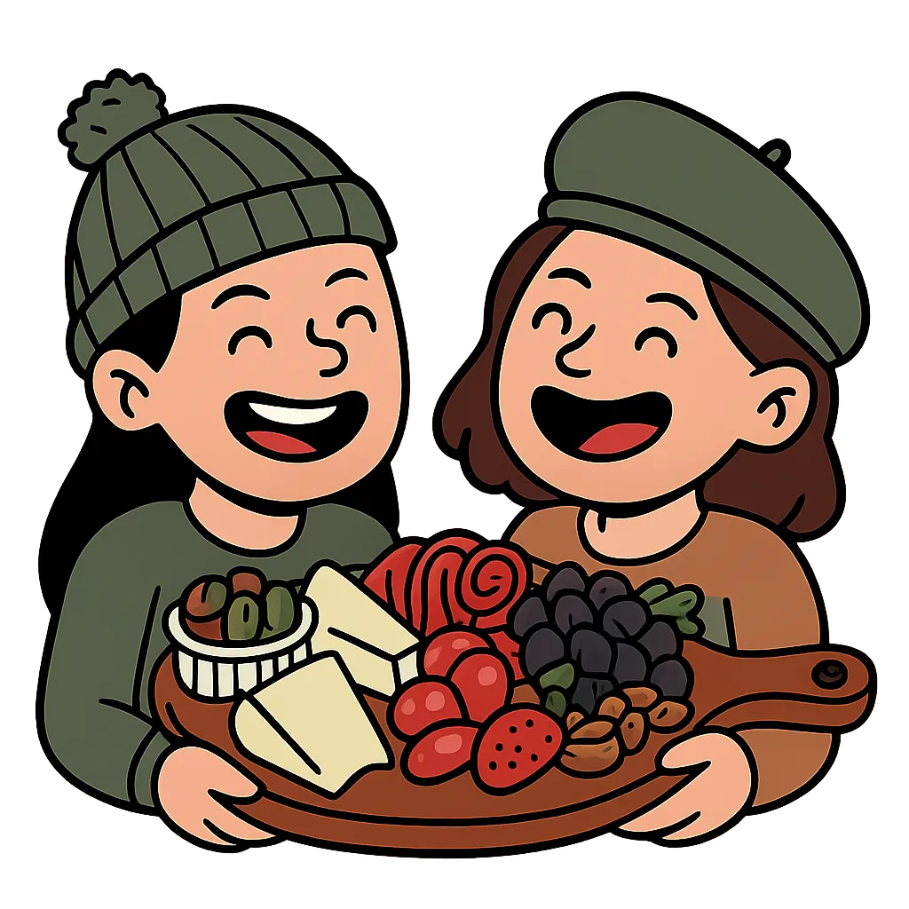 Two friends sharing a charcuterie board and enjoying each other's company.